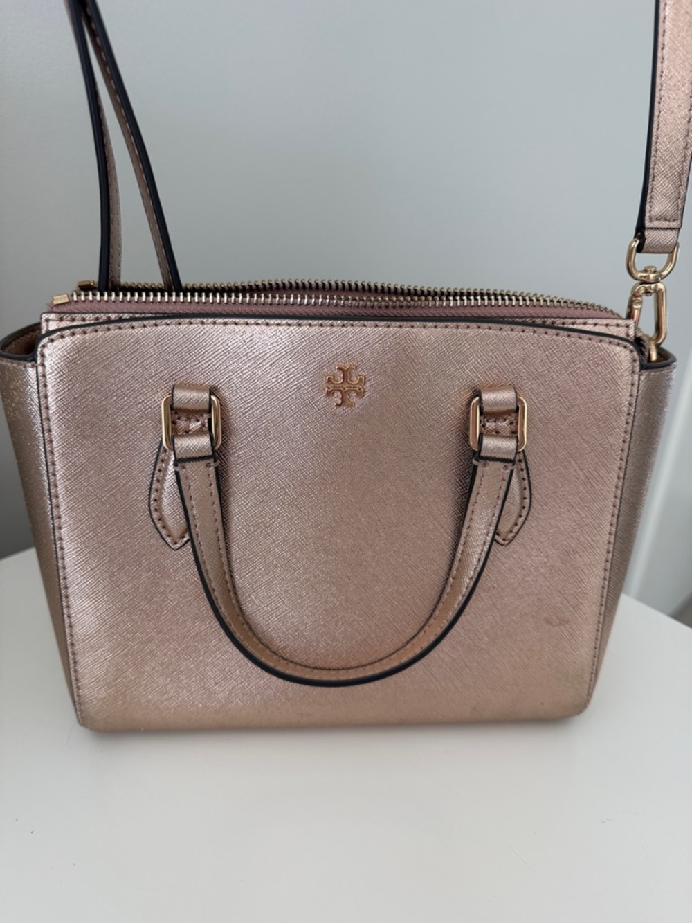 Tory Burch Metallic Rose Gold Crossbody Satchel
